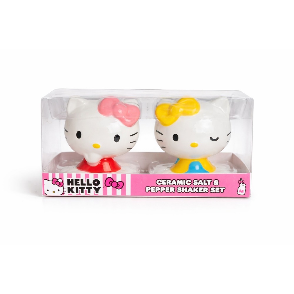 Hello Kitty Ceramic Salt Pepper Shaker Set Pink Yellow Bow Sanrio Licensed